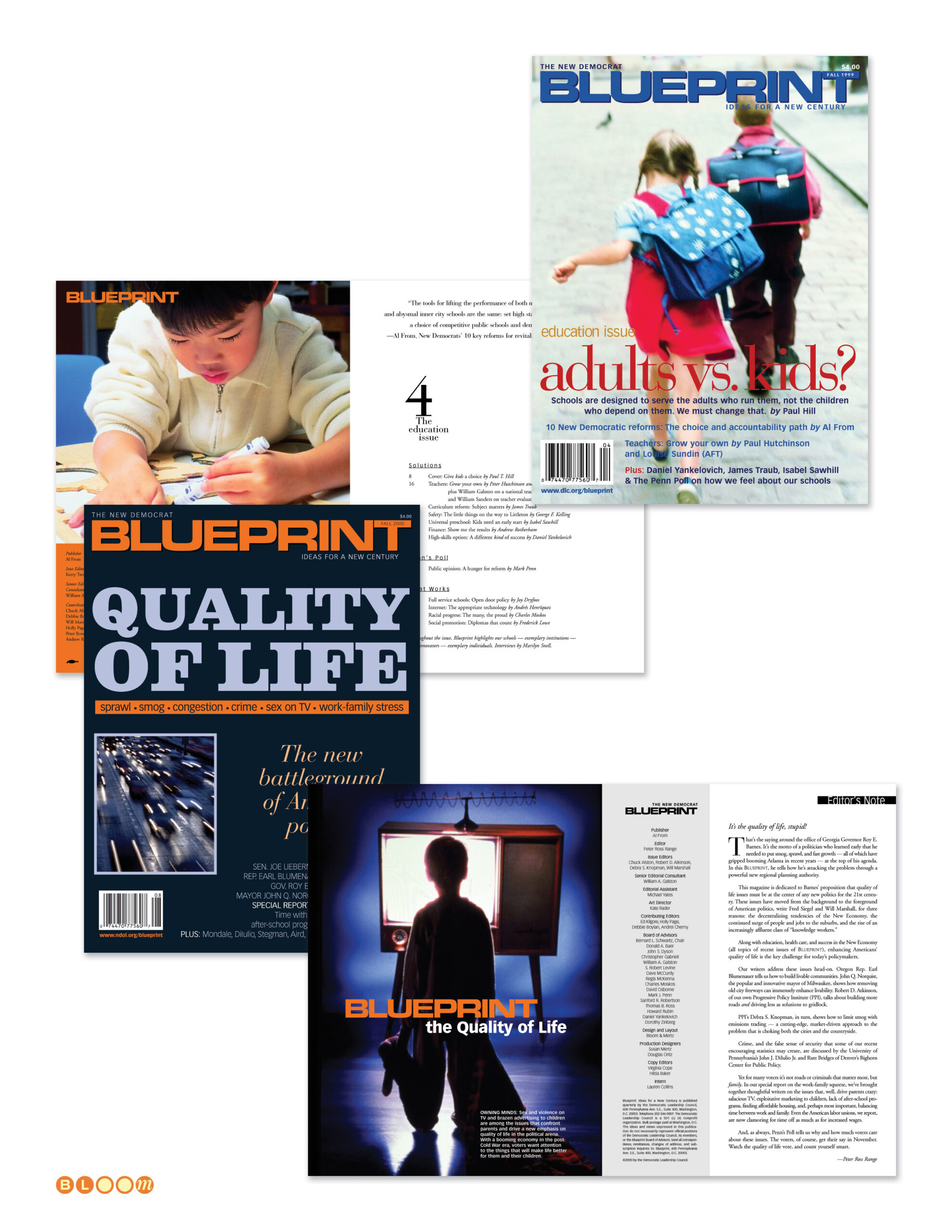 Blueprint Magazine folio showing multiple quarterly issue covers and interior spreads designed by The Bloom Agency for the Democratic Leadership Council, including the Education and Quality of Life issues