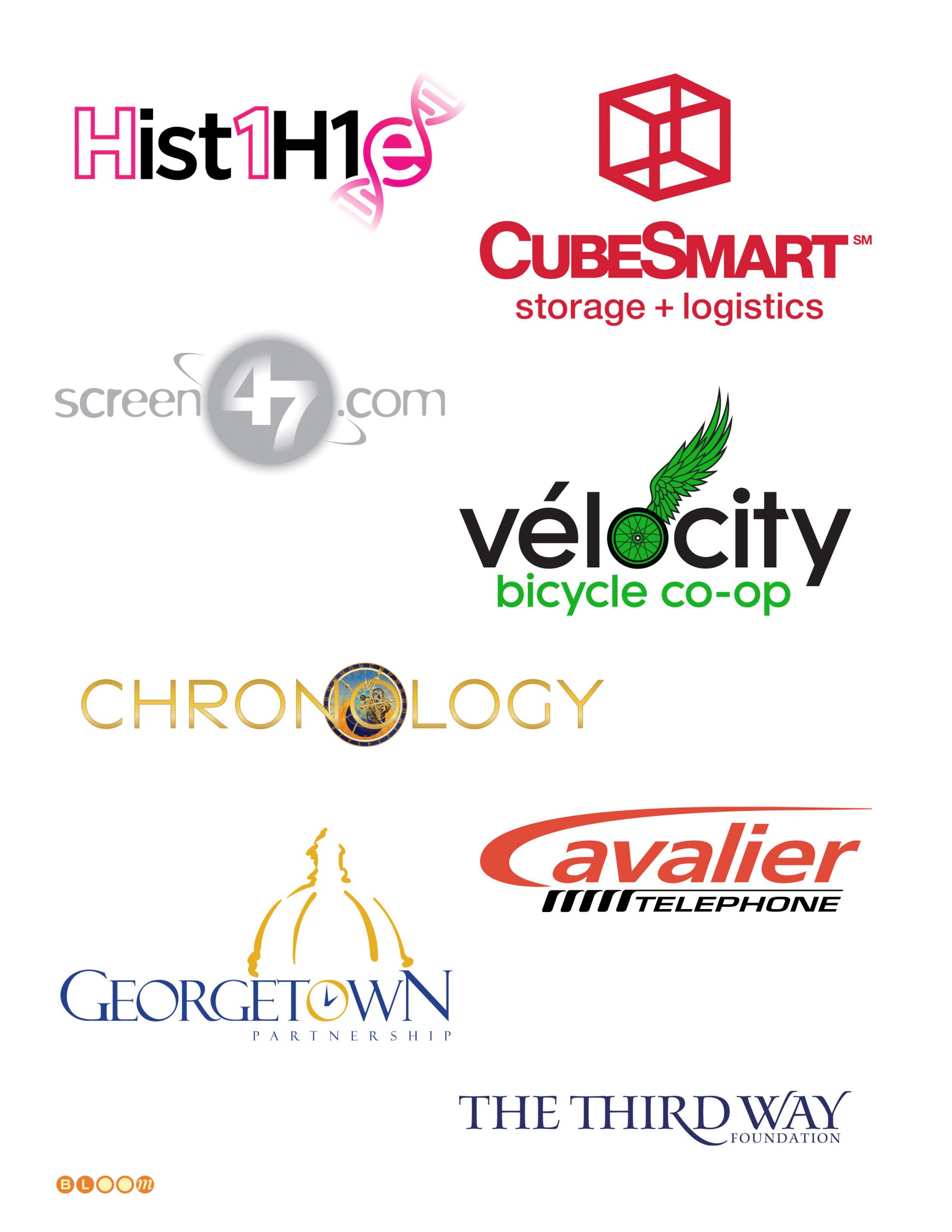 Collection of logo and identity designs by Keith Bloom including CubeSmart, Chronology Productions, Vélocity Bicycle Co-op, Georgetown Partnership, Hist1H1e Foundation, Cavalier Telephone, screen47, and The Third Way Foundation