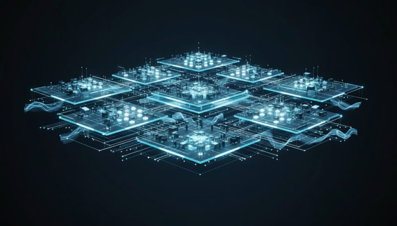 Layered interconnected platform architecture with glowing data nodes — representing connected enterprise design and AI-enabled continuous adaptation