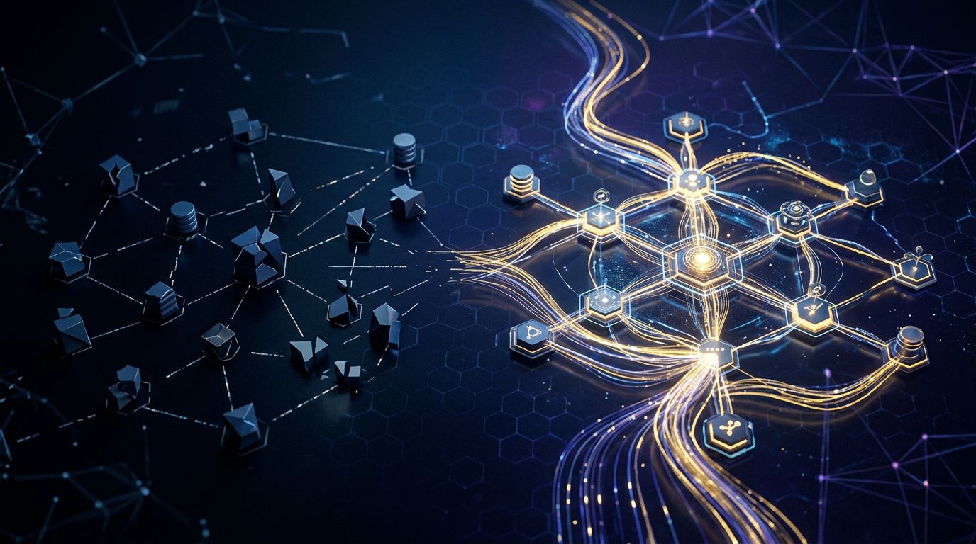 Flowing network of glowing interconnected nodes representing AI-enabled enterprise architecture and connected intelligent systems