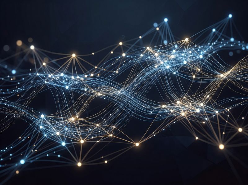 Flowing network of interconnected glowing nodes representing AI-enabled enterprise intelligence and connected operating system architecture