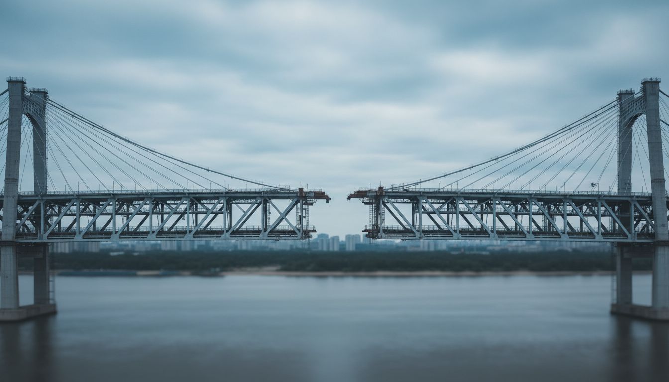 A suspension bridge under construction with two unfinished spans nearly meeting in the middle — illustrating the gap between strategy and organizational mobilization