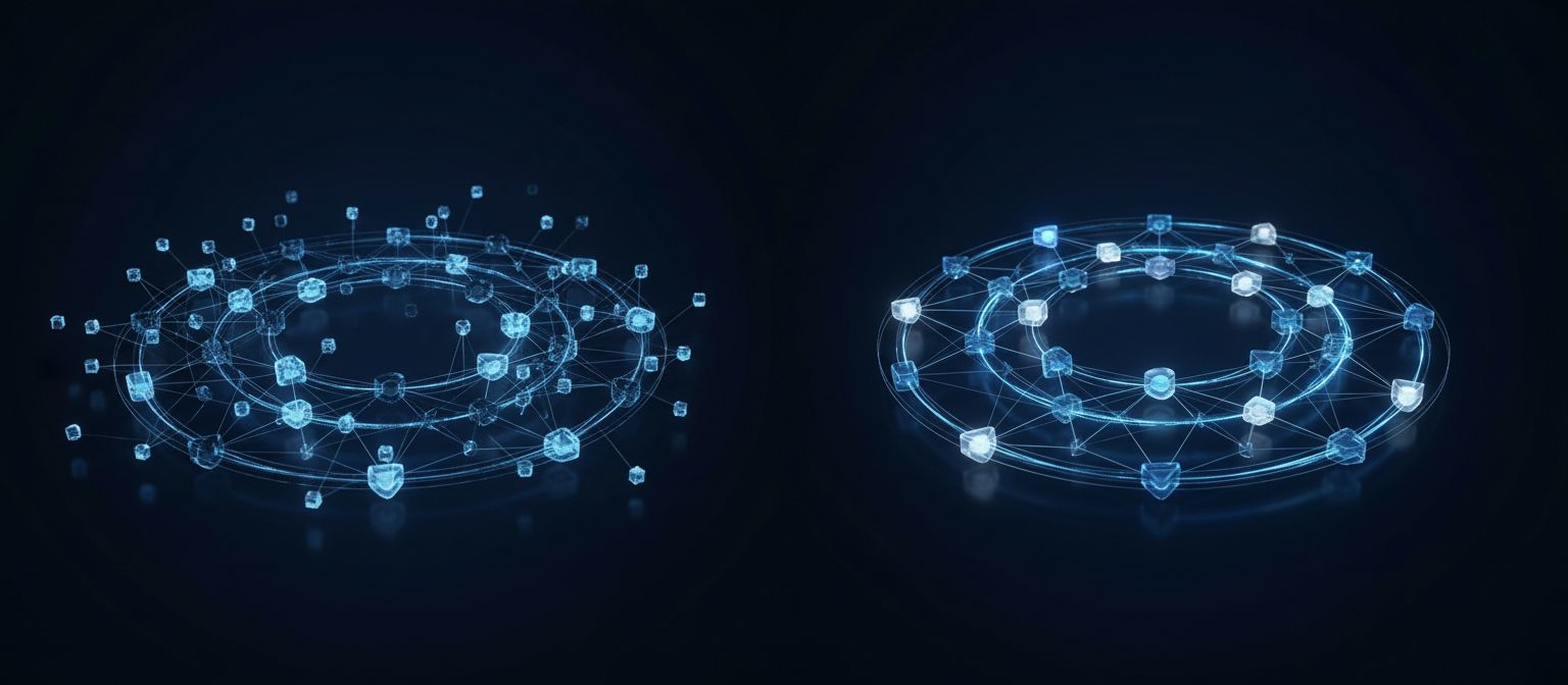 Two network diagrams side by side — left showing fragmented disconnected nodes, right showing a coherent reconnected system — illustrating enterprise transformation breakdown and recovery