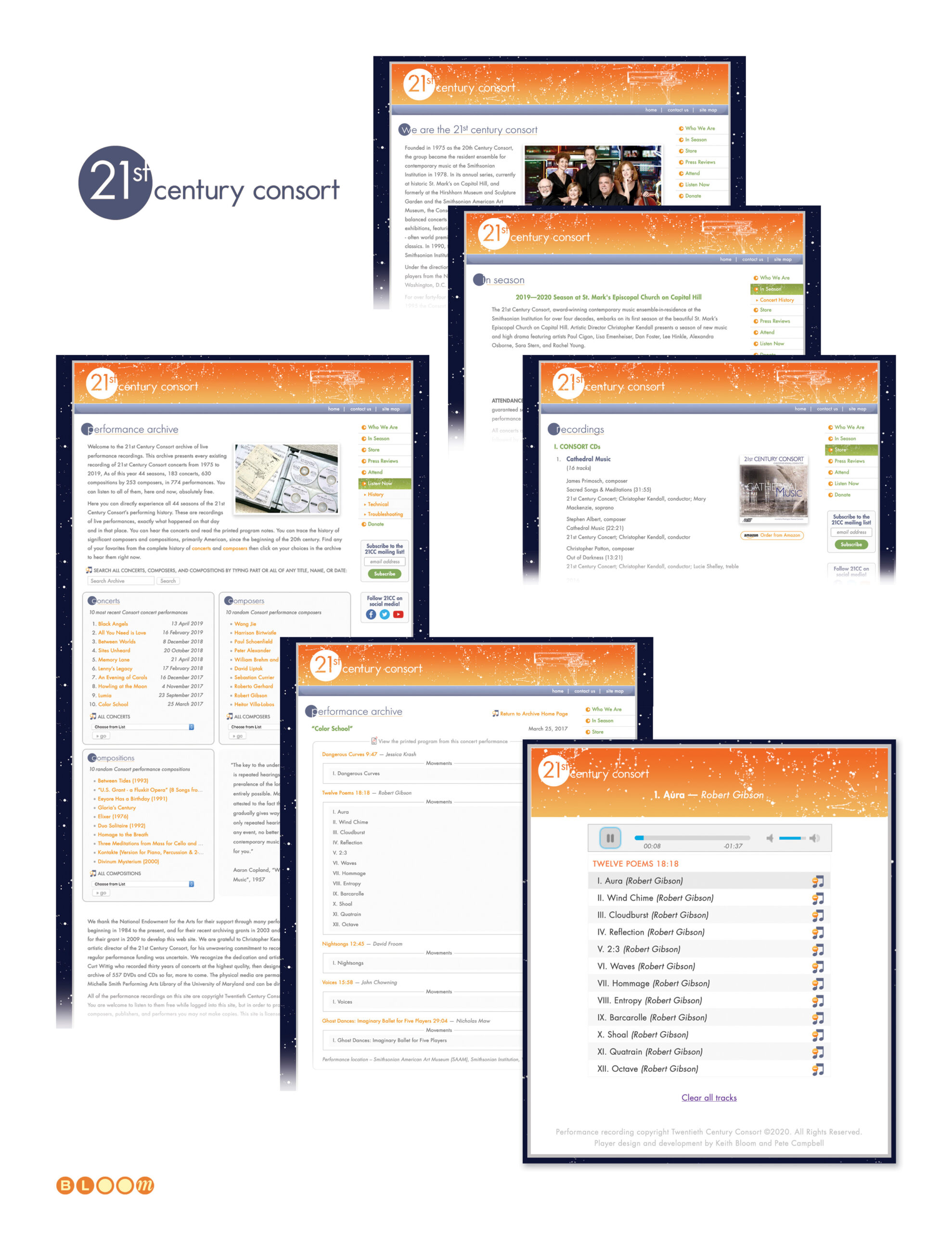 21st Century Consort website folio showing homepage, searchable performance archive spanning 44 seasons and 774 performances, concert listings, recordings catalog, and custom streaming audio player designed and developed by Keith Bloom in ExpressionEngine