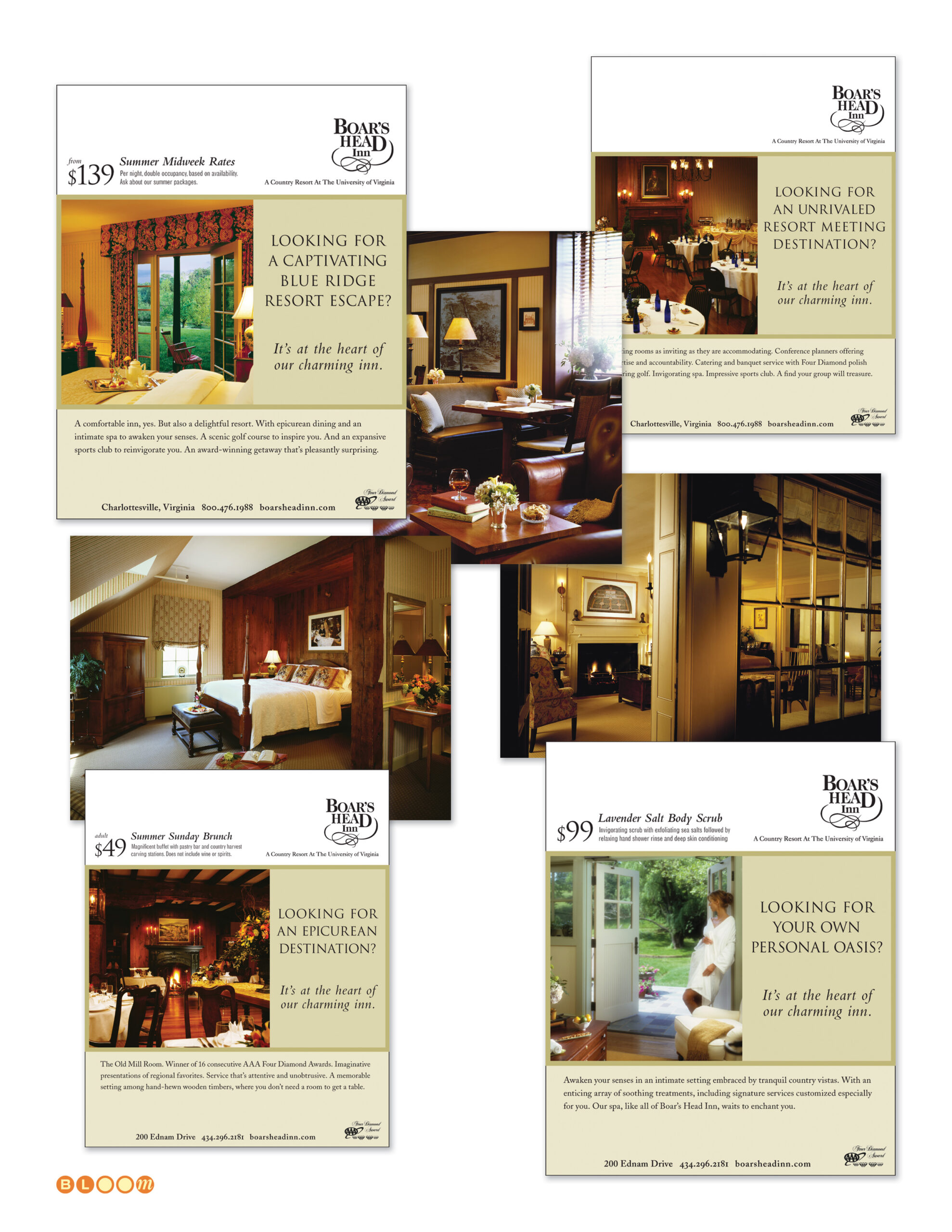 Boar's Head Inn advertising campaign folio showing segmented print ads for leisure escape, meetings, dining, and spa markets — all anchored by the It's at the heart of our charming inn campaign line — creative direction and photography direction by Keith Bloom for The Meridian Group