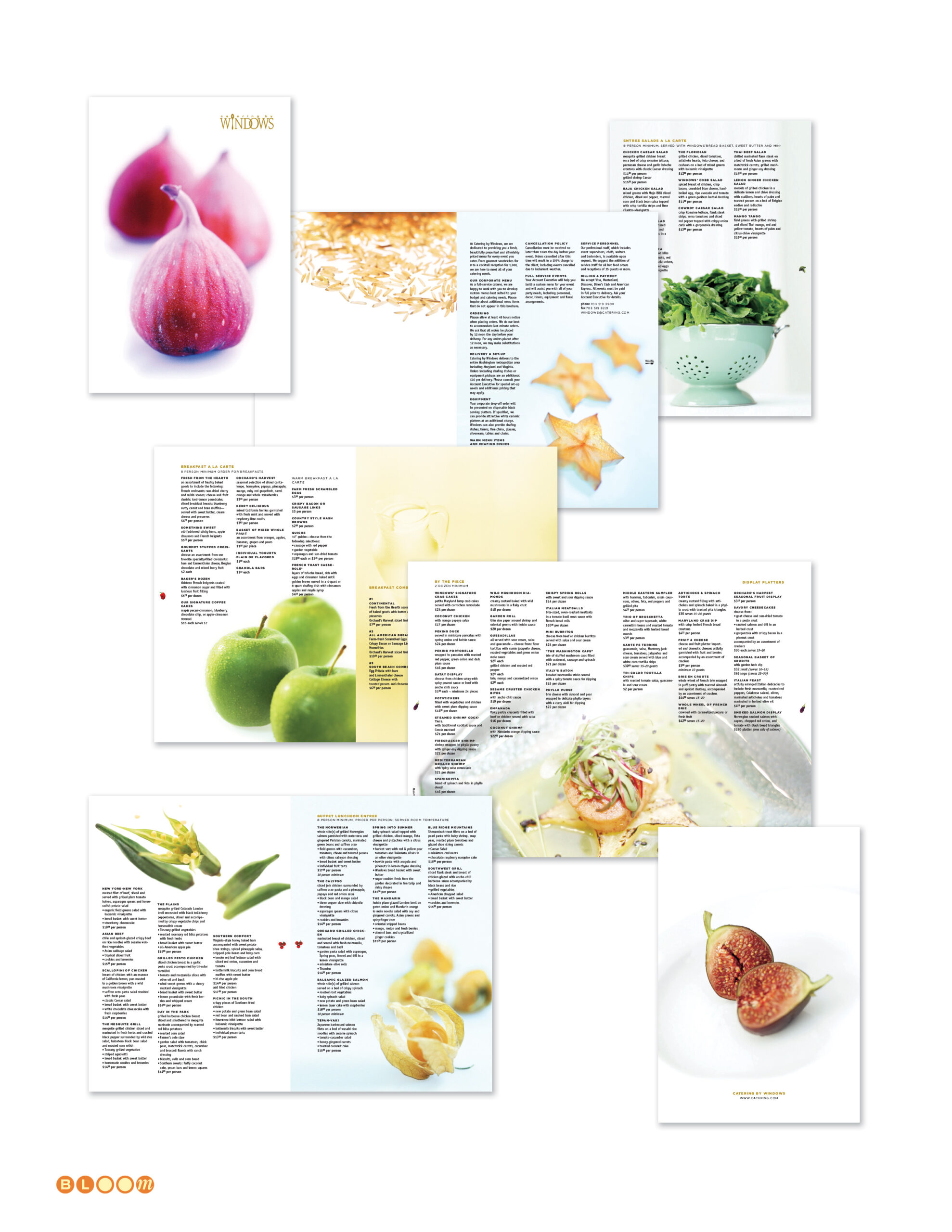 Catering by Windows French menu system folio showing high-key food photography, elegant white space grid layout, and warm typography designed by Keith Bloom for their flagship catering menu