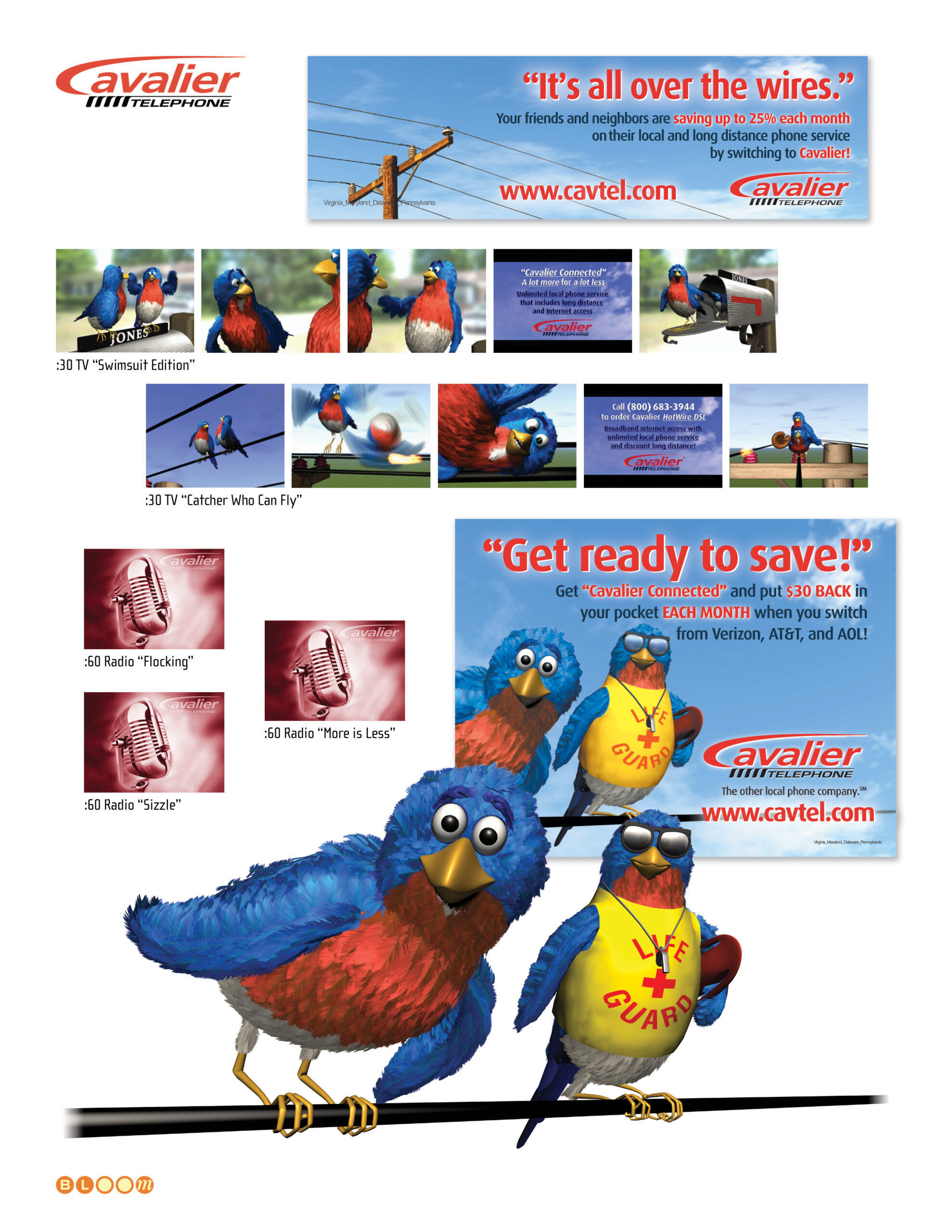 Cavalier Telephone advertising campaign folio showing animated 3D bluebird mascot character, It's All Over the Wires outdoor billboard, Get Ready to Save print advertising, Swimsuit Edition and Catcher Who Can Fly TV spot storyframes, and radio campaign artwork — creative direction by Keith Bloom at The Bloom Agency