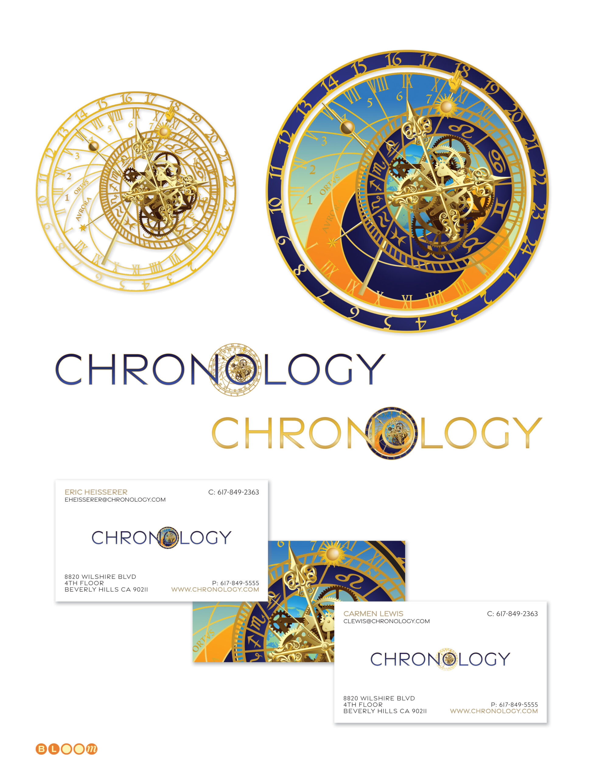 Chronology Productions identity system by Keith Bloom showing custom Orloj astronomical clock illustration in two colorways, CHRONOLOGY wordmark in navy and gold, and business card designs for Eric Heisserer's Hollywood production company