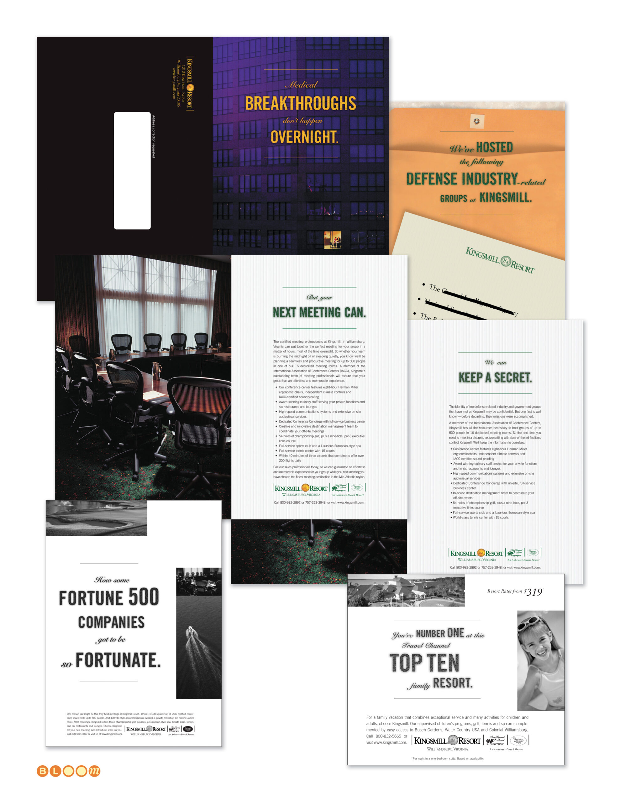 Kingsmill Resort advertising campaign folio showing corporate meetings print ads, defense industry We Can Keep a Secret campaign, Fortune 500 advertising, Travel Channel Top Ten family resort ad, and direct mail pieces — creative direction and photography direction by Keith Bloom