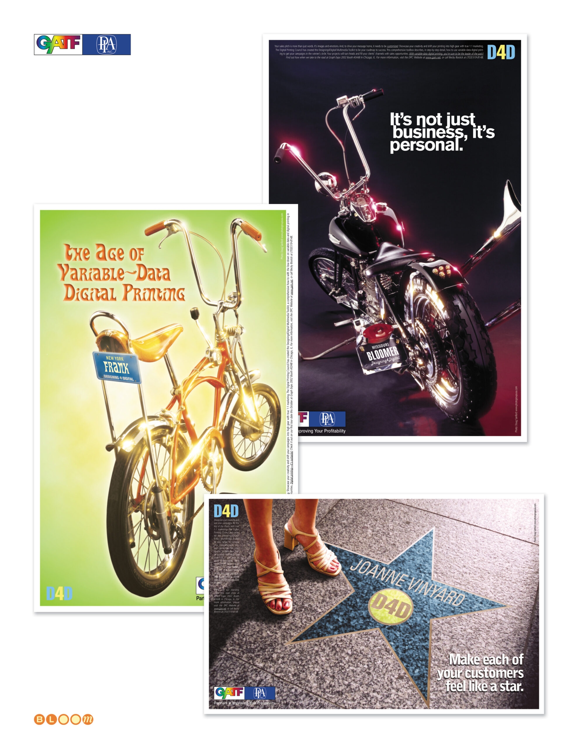 GATF PIA D4D Designing for Digital campaign folio showing three variable data poster concepts — Age of Variable Data Digital Printing bicycle poster, It's Not Just Business It's Personal motorcycle poster, and Make Each of Your Customers Feel Like a Star Hollywood Walk of Fame poster — creative direction and variable data template engineering by Keith Bloom at The Bloom Agency