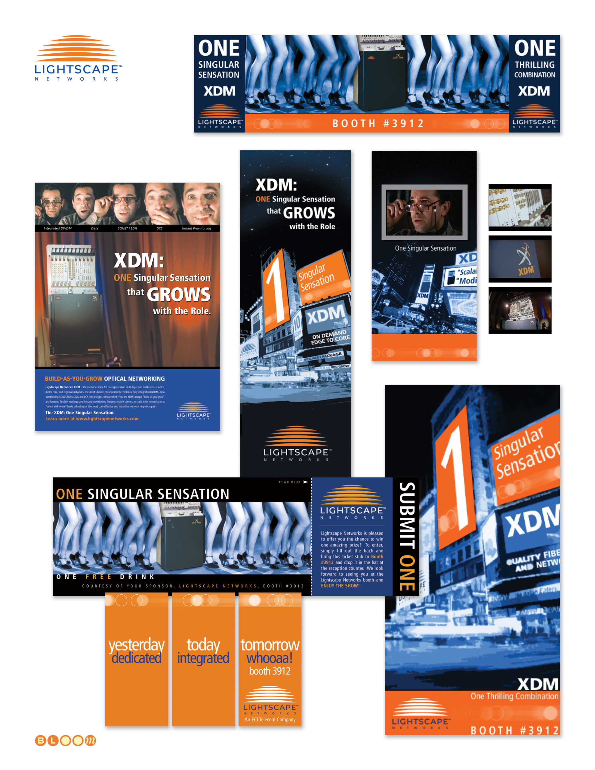 Lightscape Networks XDM launch campaign folio showing trade show booth graphics, print ads, direct mail, video stills, and collateral designed by The Bloom Agency — featuring the One Singular Sensation Broadway-themed campaign