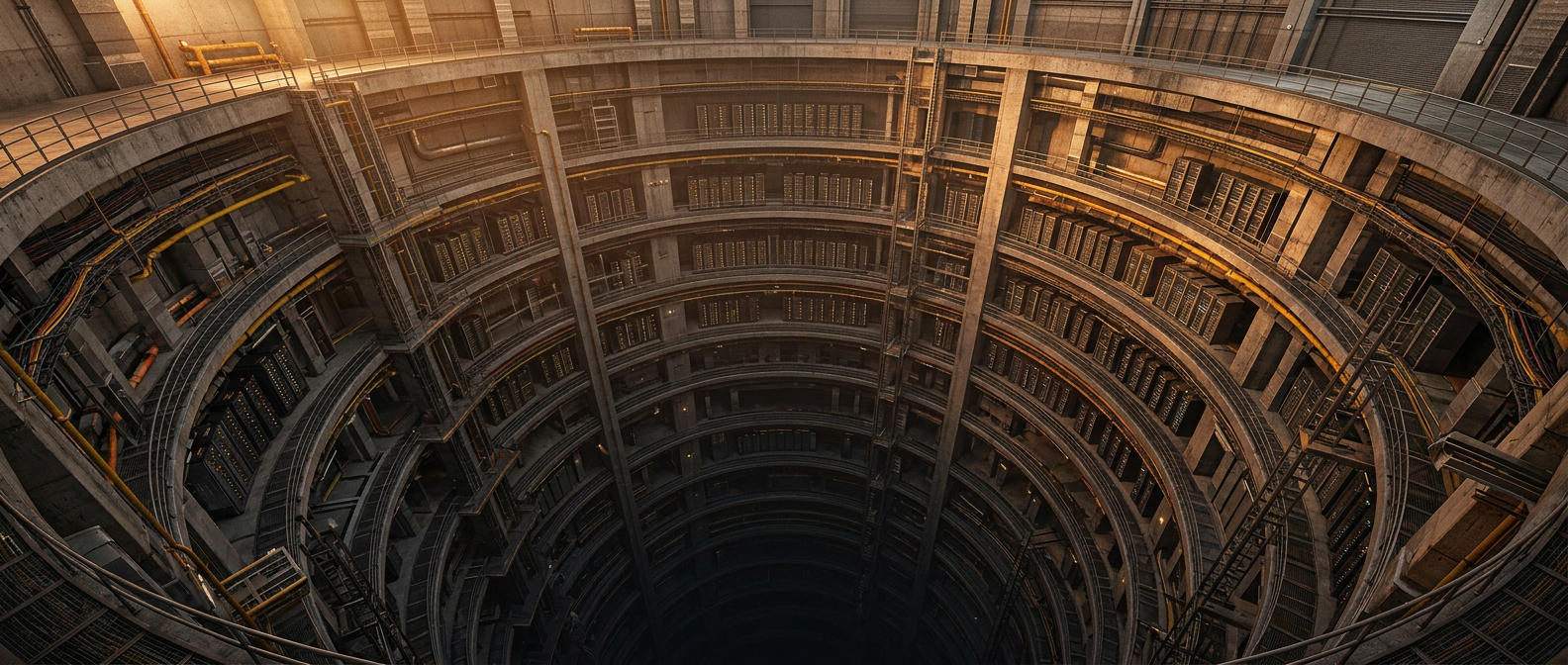 A vast circular data infrastructure descending in concentric layers into darkness — representing the depth and scale of accumulated enterprise data assets waiting to be operationalized