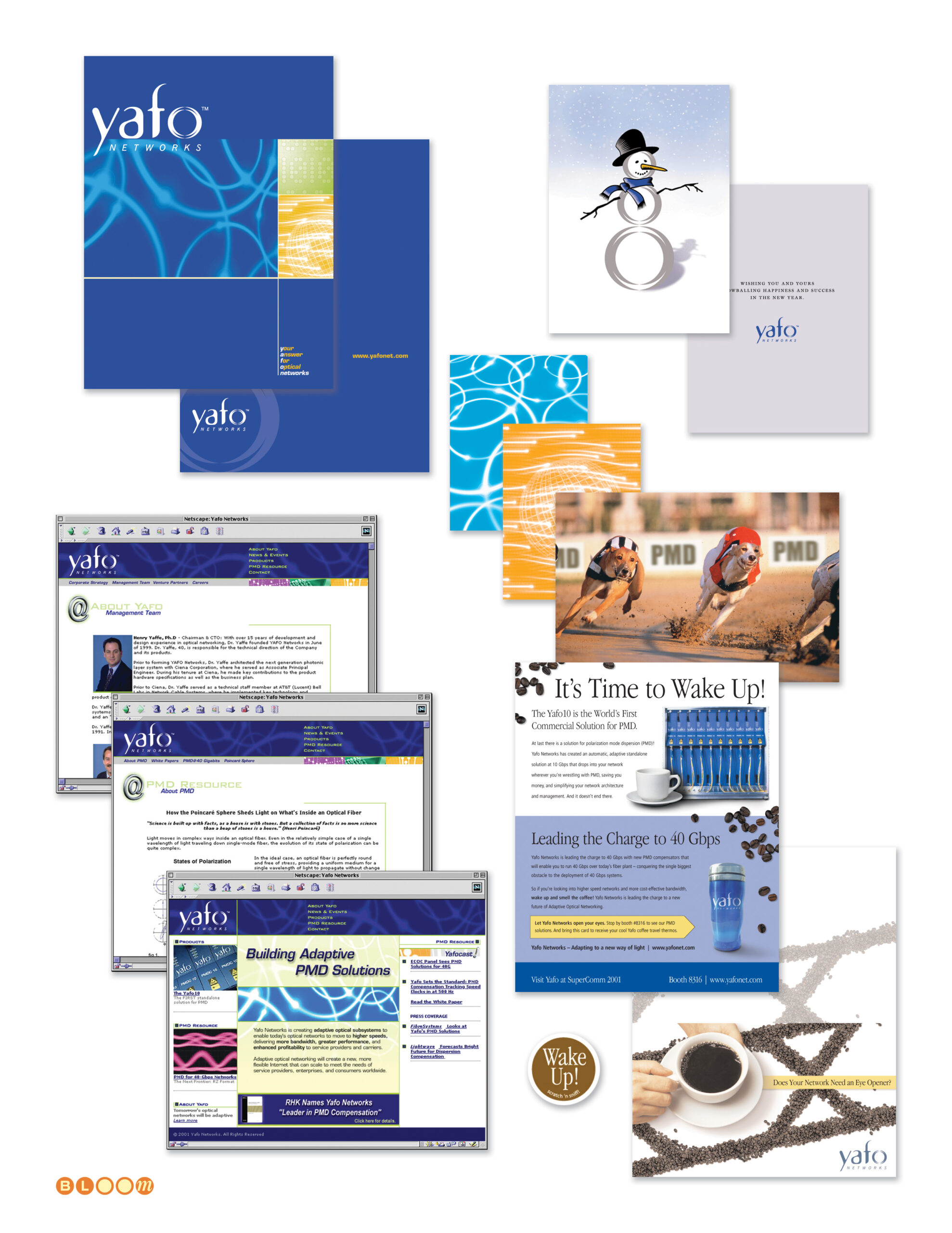 Yafo Networks creative folio showing brand identity, cobalt and aqua wordmark with orbital ring logo, Netscape frames-based website design, PMD print advertising, Wake Up trade show campaign, direct mail, and seasonal greeting card designed by The Bloom Agency